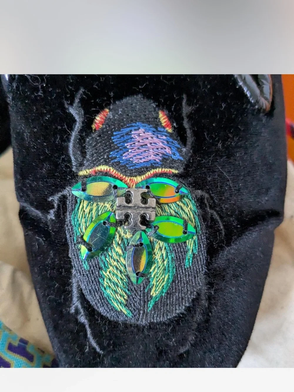 Tory Burch velvet beetle loafers with Iridescent Green Beads